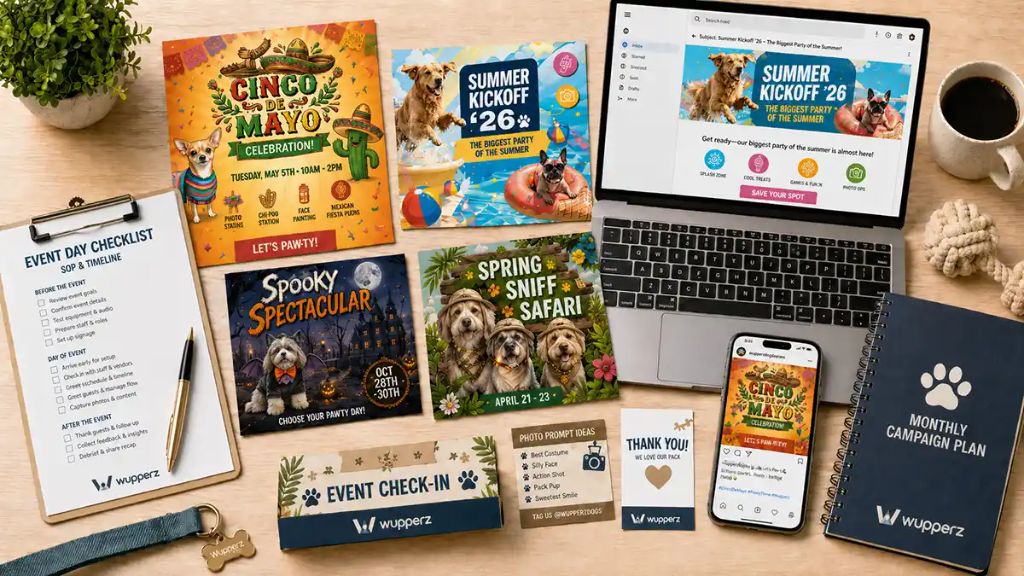 Top-down view of dog daycare campaign creative assets spread across a desk — event flyers, social post mockups, email headers, and branded graphics