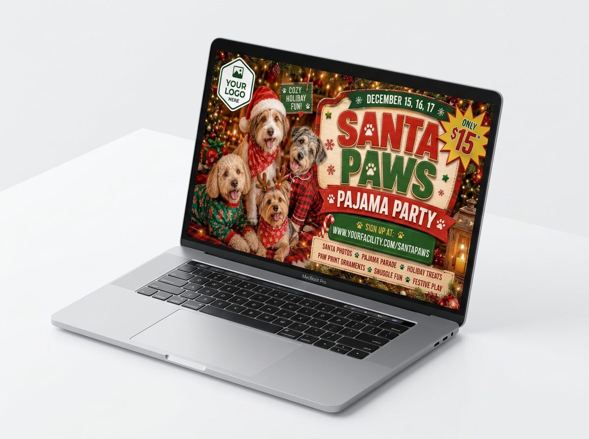 Dog daycare campaign email header mockup shown on laptop