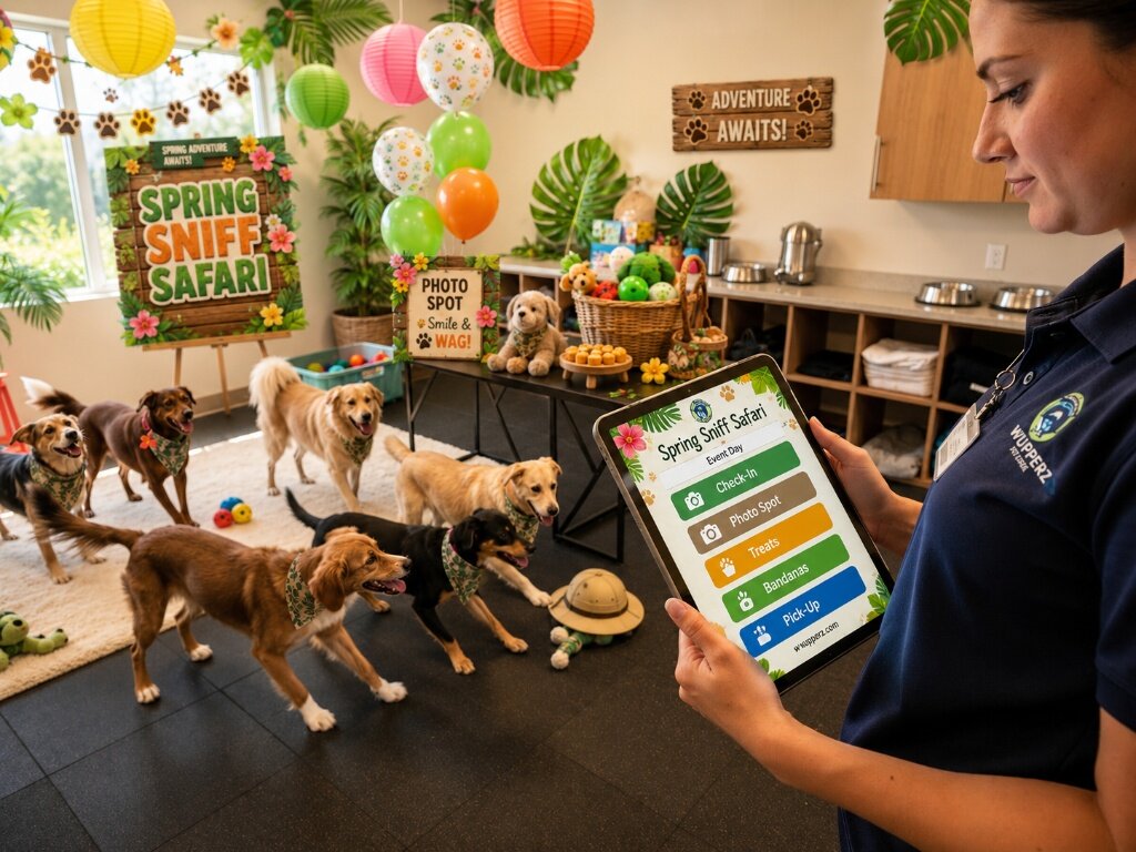 Wupperz staff member running Spring Sniff Safari event day with check-in tablet and happy dogs