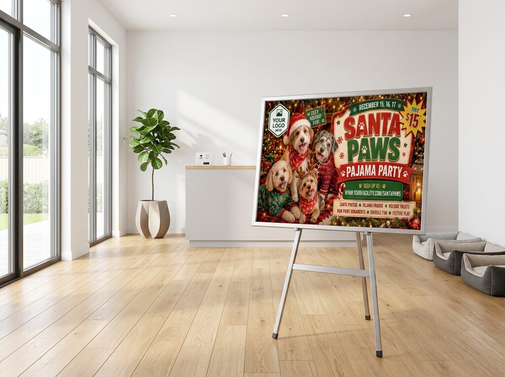 Dog daycare lobby with holiday event poster on display easel