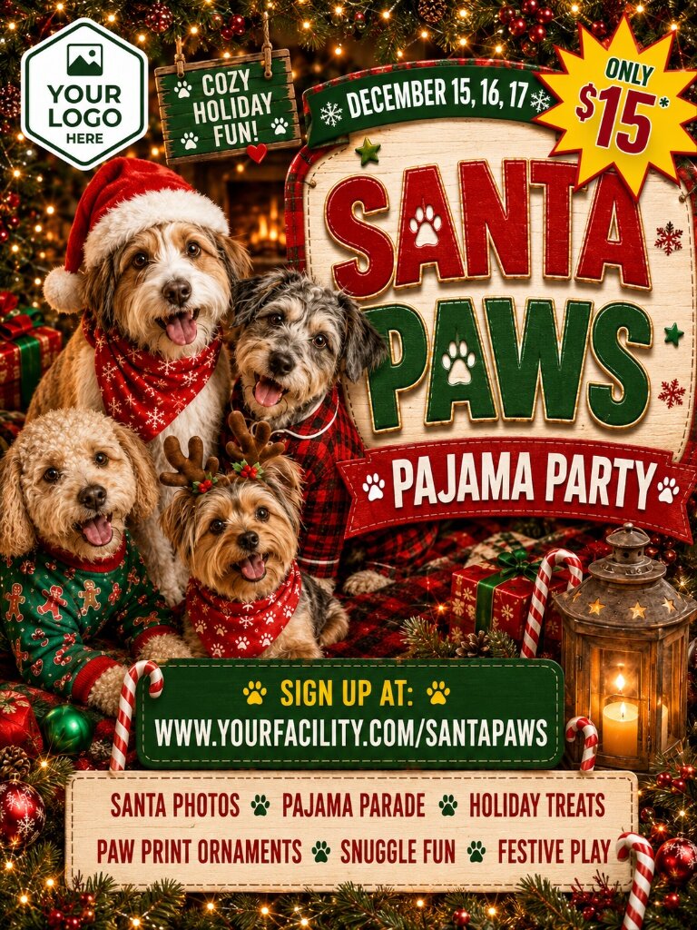 Santa Paws Pajama Party holiday dog daycare campaign poster