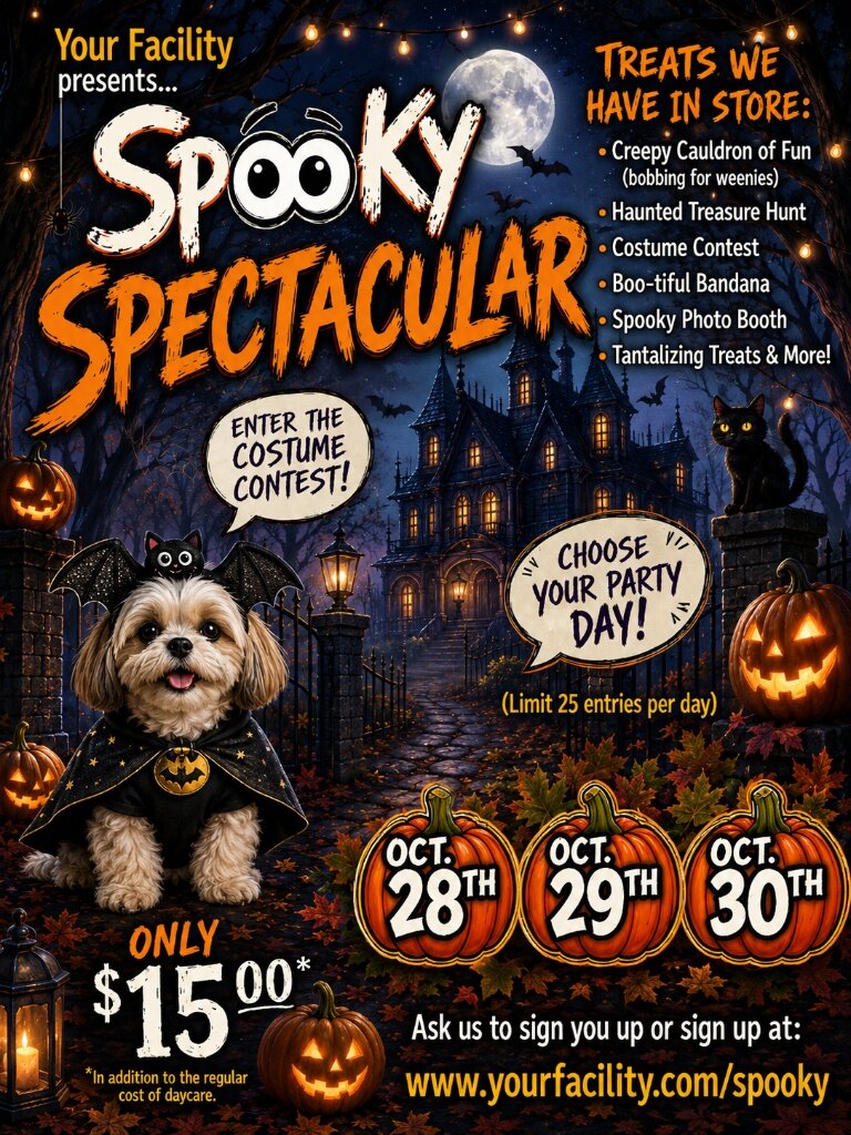Spooky Spectacular Halloween dog daycare campaign poster