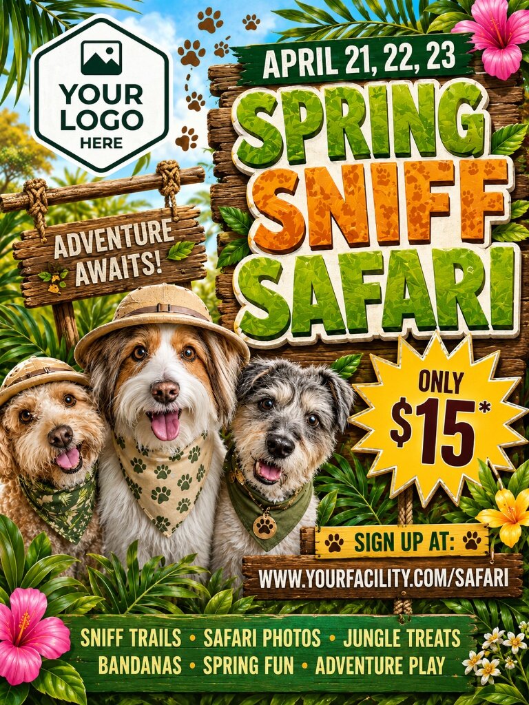 Spring Sniff Safari dog daycare campaign poster — Spring seasonal event